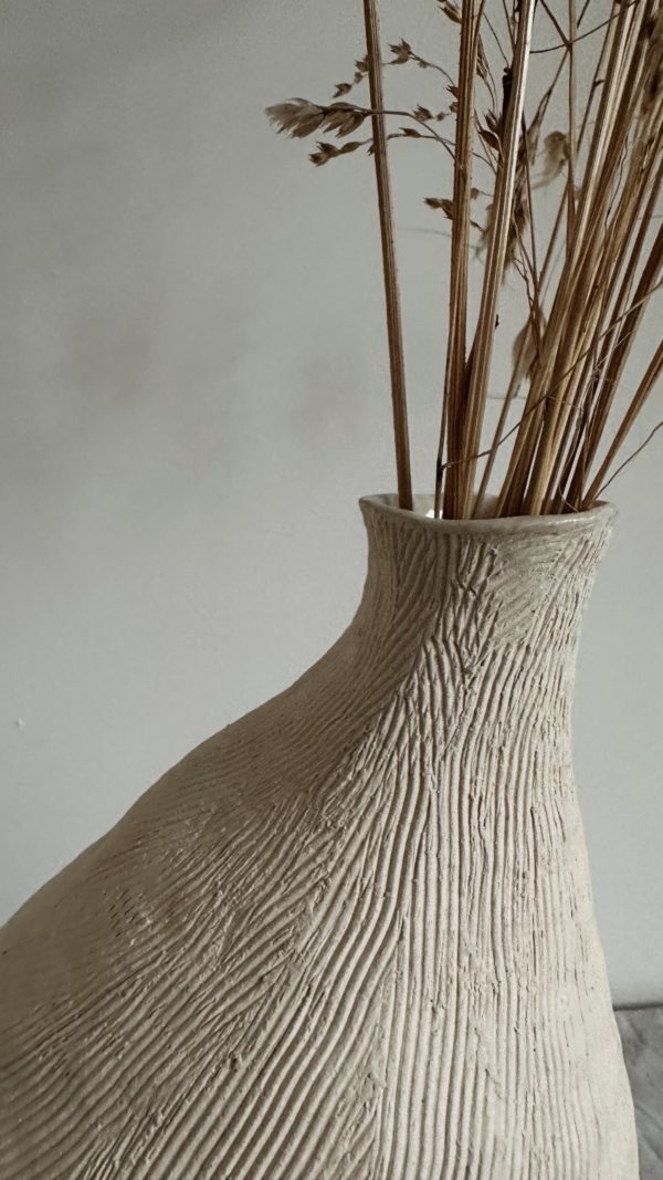 White stoneware carved hand-built vase