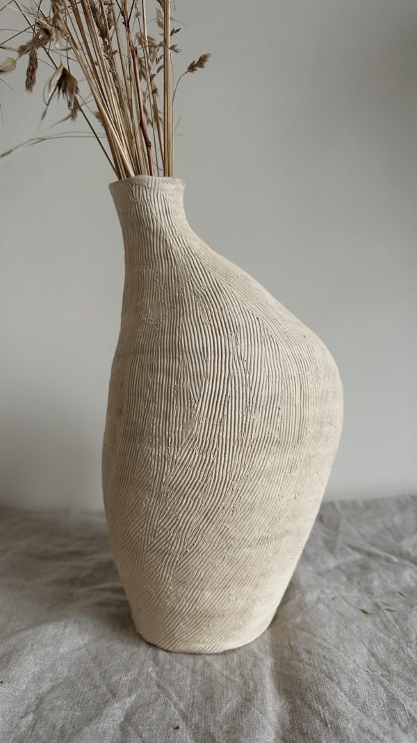 White stoneware carved hand-built vase