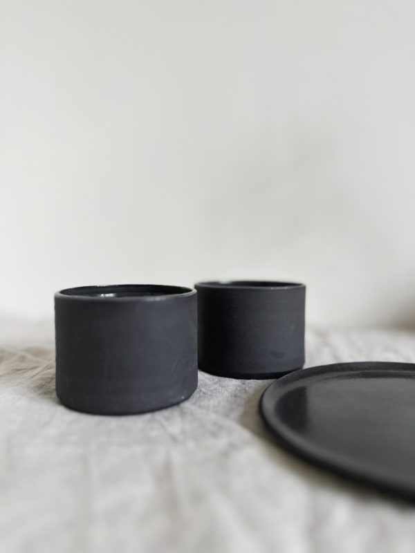 charcoal grey cups and plate